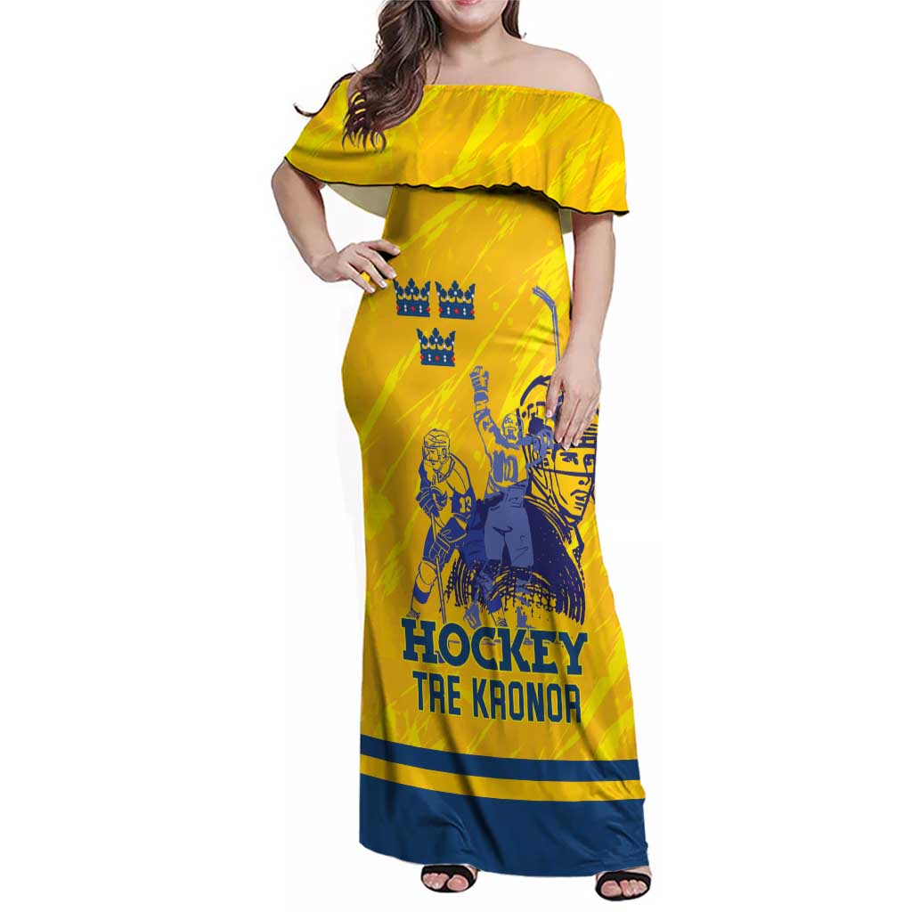 Custom Sweden Hockey Family Matching Off Shoulder Maxi Dress and Hawaiian Shirt Tre Kronor Go Champions