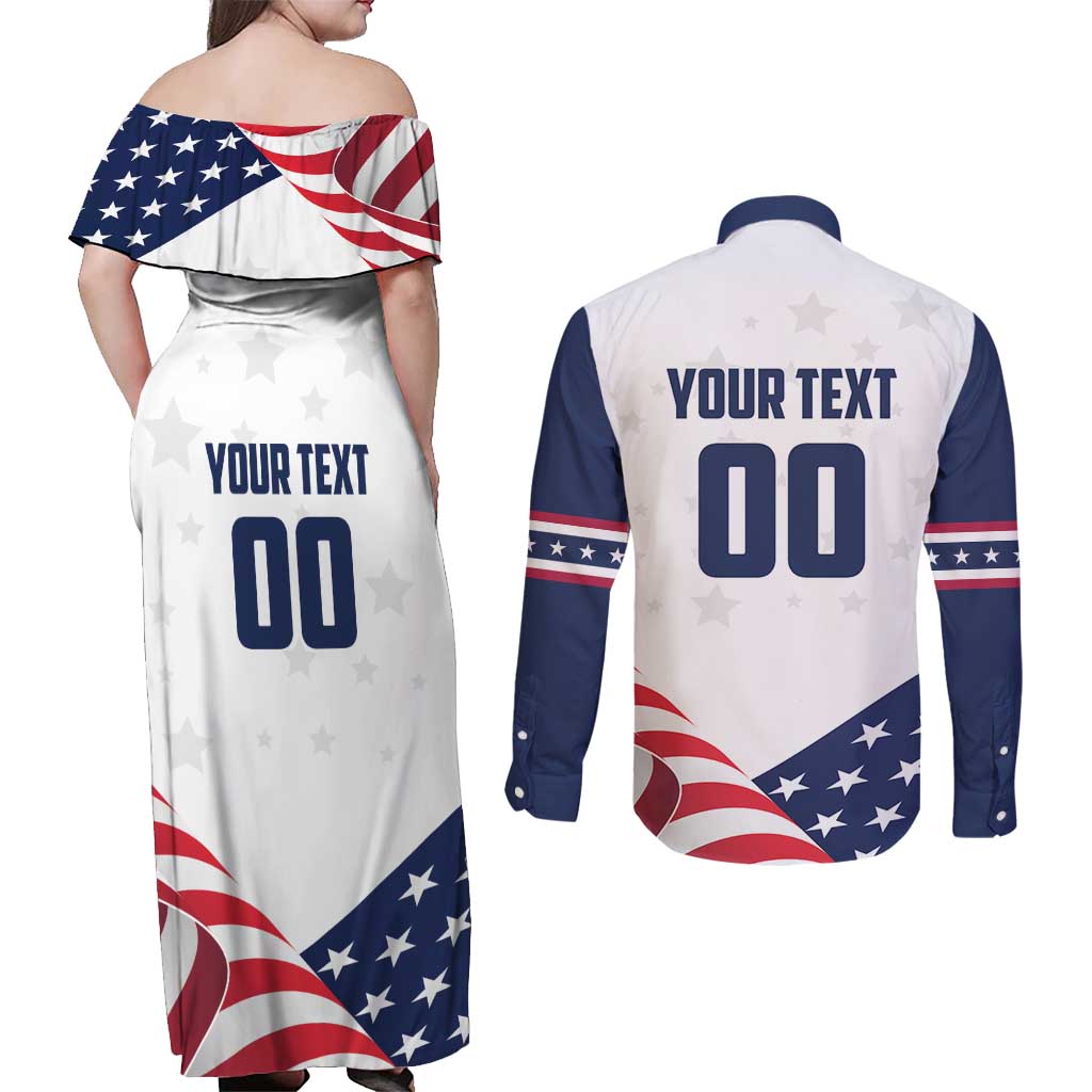 Custom USA Hockey Couples Matching Off Shoulder Maxi Dress and Long Sleeve Button Shirt Team USA Eagle Mascot