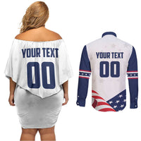 Custom USA Hockey Couples Matching Off Shoulder Short Dress and Long Sleeve Button Shirt Team USA Eagle Mascot