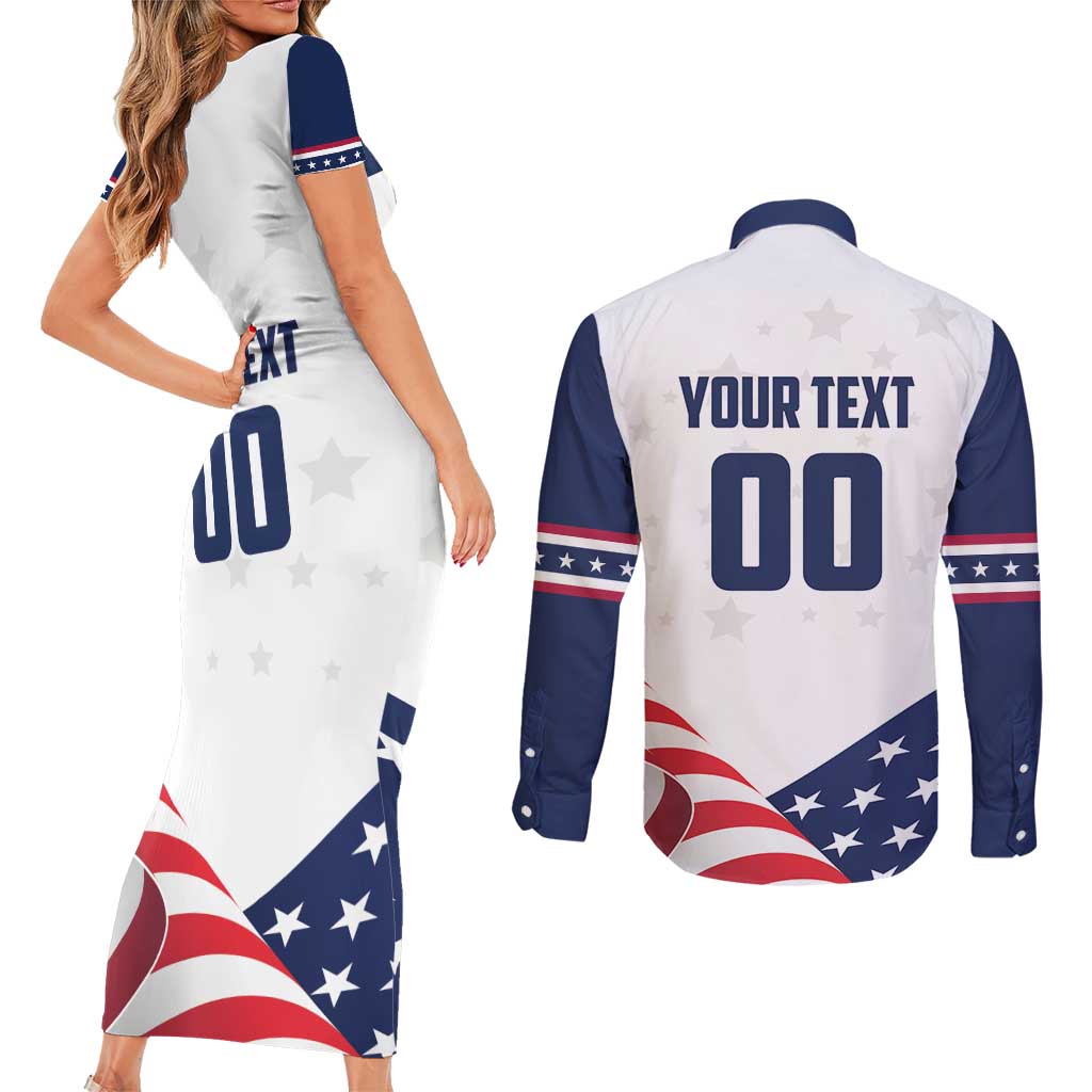 Custom USA Hockey Couples Matching Short Sleeve Bodycon Dress and Long Sleeve Button Shirt Team USA Eagle Mascot