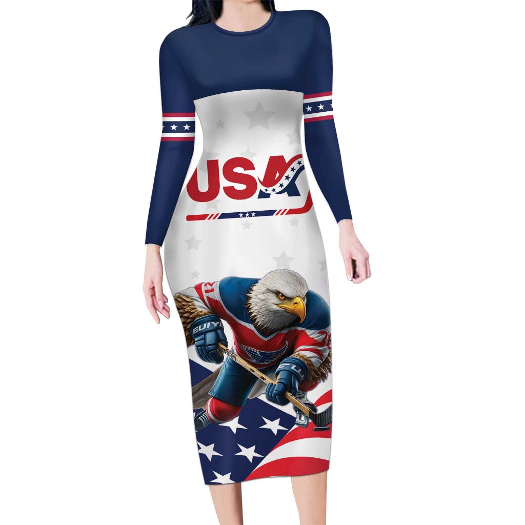 Custom USA Hockey Family Matching Long Sleeve Bodycon Dress and Hawaiian Shirt Team USA Eagle Mascot