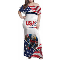 Custom USA Hockey Family Matching Off Shoulder Maxi Dress and Hawaiian Shirt Team USA Eagle Mascot