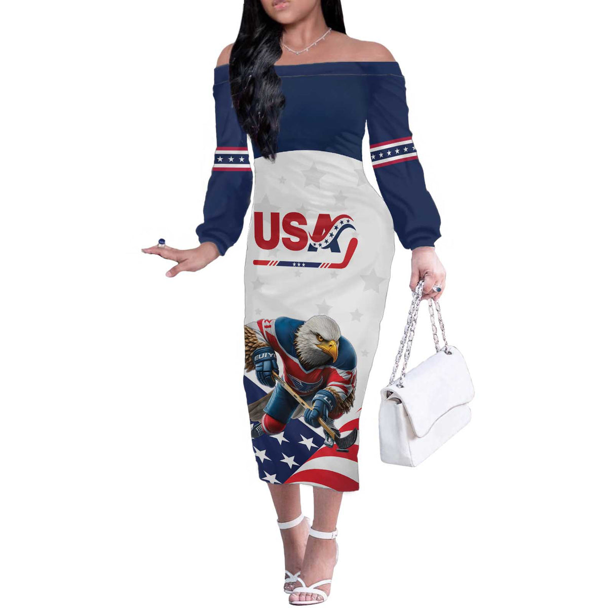 Custom USA Hockey Off The Shoulder Long Sleeve Dress Team USA Eagle Mascot