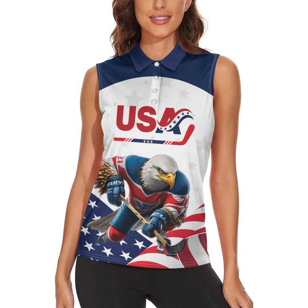 Custom USA Hockey Women Sleeveless Polo Shirt Team USA Eagle Mascot