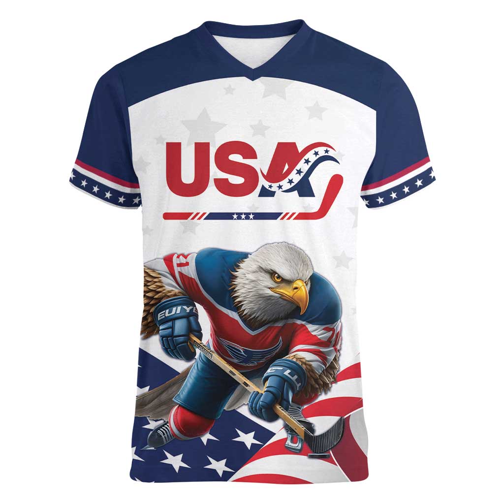 Custom USA Hockey Women V-Neck T-Shirt Team USA Eagle Mascot