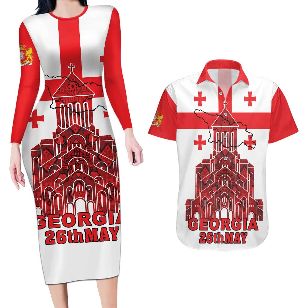 Georgia Independence Day Couples Matching Long Sleeve Bodycon Dress and Hawaiian Shirt Sameba Dzala Ertobashia