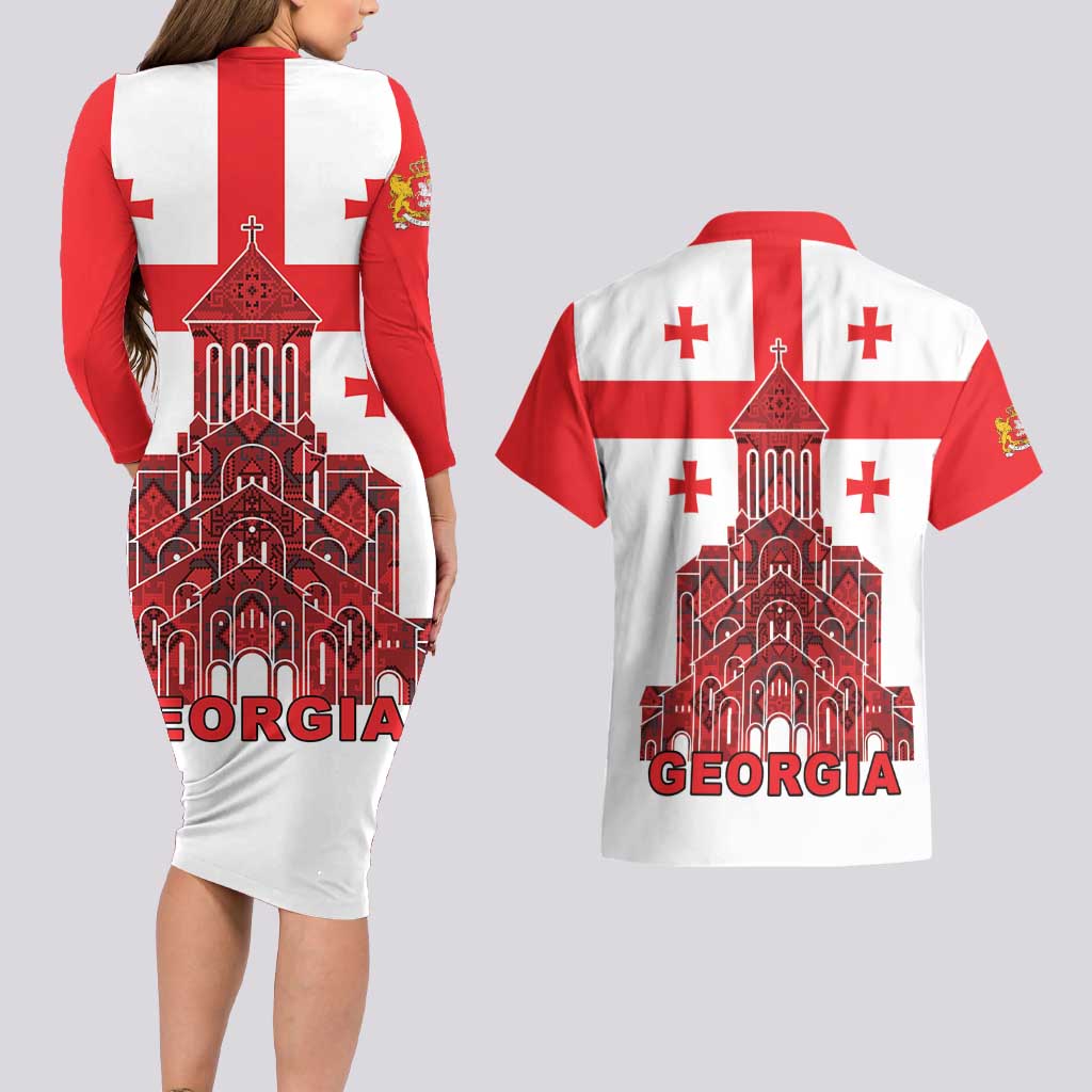 Georgia Independence Day Couples Matching Long Sleeve Bodycon Dress and Hawaiian Shirt Sameba Dzala Ertobashia