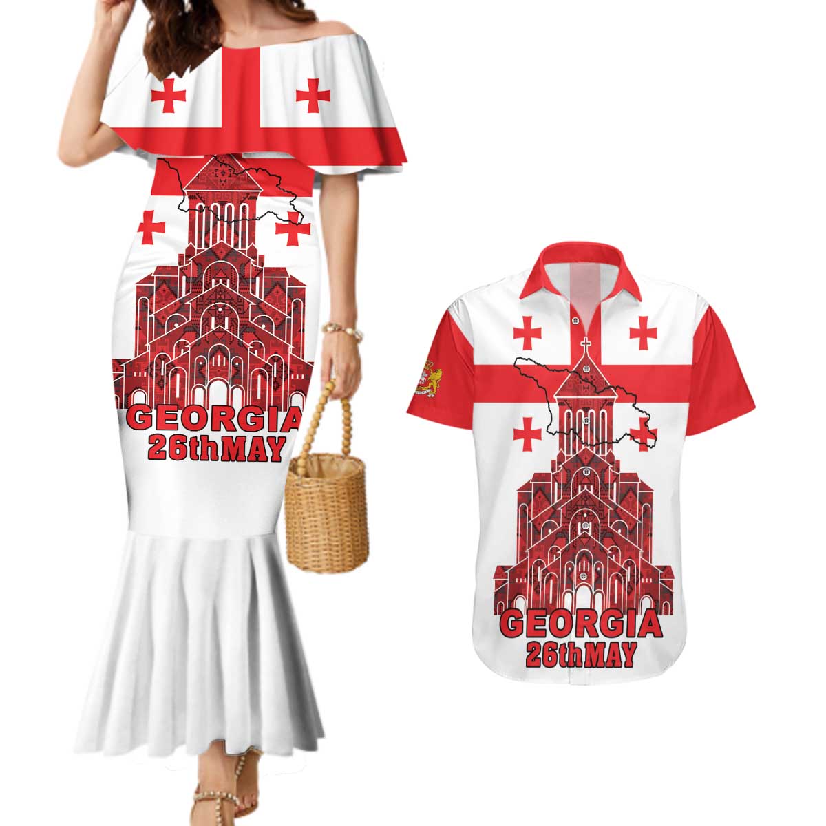 Georgia Independence Day Couples Matching Mermaid Dress and Hawaiian Shirt Sameba Dzala Ertobashia