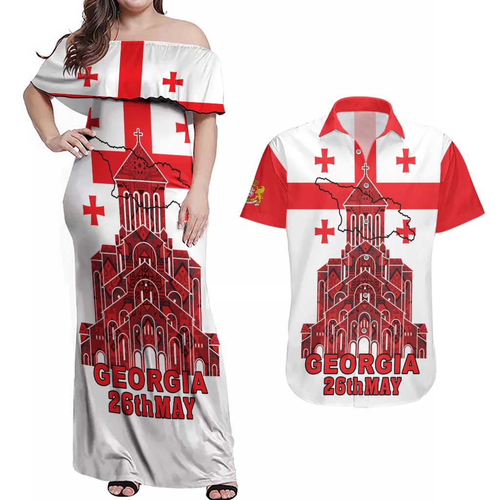 Georgia Independence Day Couples Matching Off Shoulder Maxi Dress and Hawaiian Shirt Sameba Dzala Ertobashia