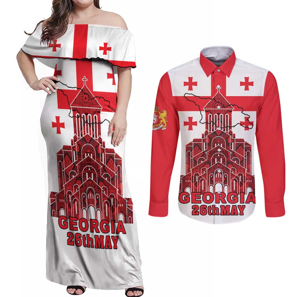 Georgia Independence Day Couples Matching Off Shoulder Maxi Dress and Long Sleeve Button Shirt Sameba Dzala Ertobashia