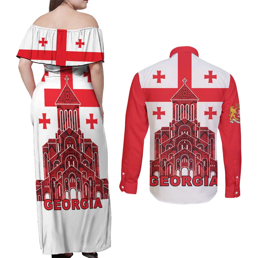 Georgia Independence Day Couples Matching Off Shoulder Maxi Dress and Long Sleeve Button Shirt Sameba Dzala Ertobashia