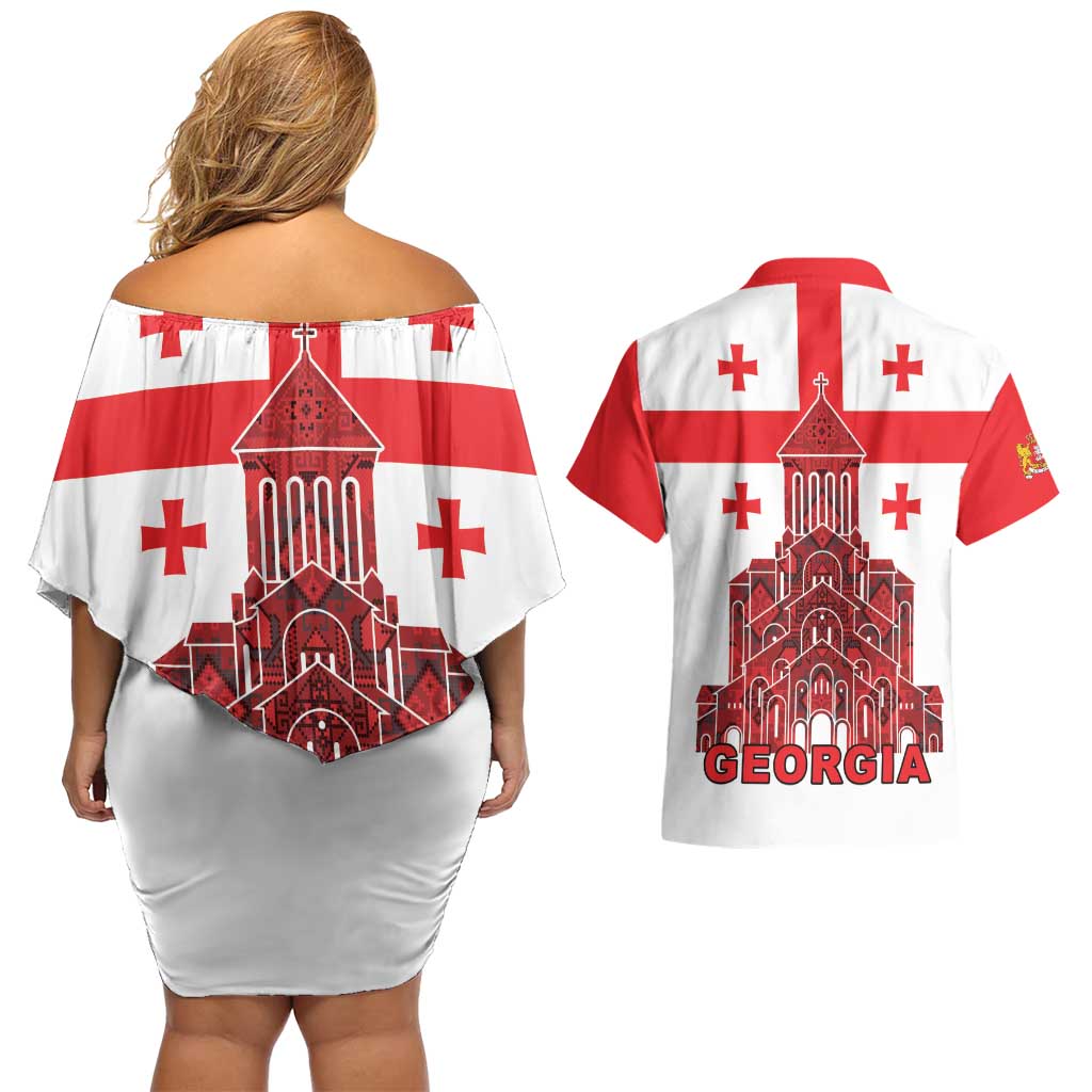 Georgia Independence Day Couples Matching Off Shoulder Short Dress and Hawaiian Shirt Sameba Dzala Ertobashia