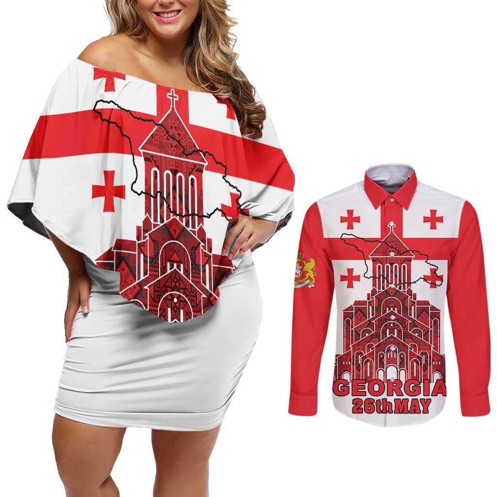 Georgia Independence Day Couples Matching Off Shoulder Short Dress and Long Sleeve Button Shirt Sameba Dzala Ertobashia