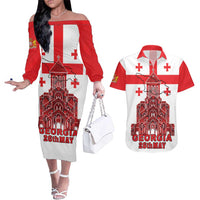 Georgia Independence Day Couples Matching Off The Shoulder Long Sleeve Dress and Hawaiian Shirt Sameba Dzala Ertobashia