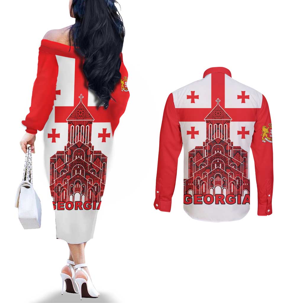 Georgia Independence Day Couples Matching Off The Shoulder Long Sleeve Dress and Long Sleeve Button Shirt Sameba Dzala Ertobashia
