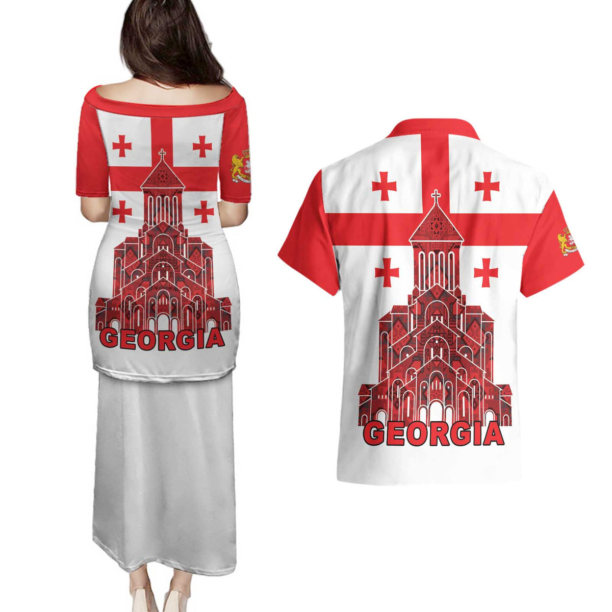 Georgia Independence Day Couples Matching Puletasi and Hawaiian Shirt Sameba Dzala Ertobashia