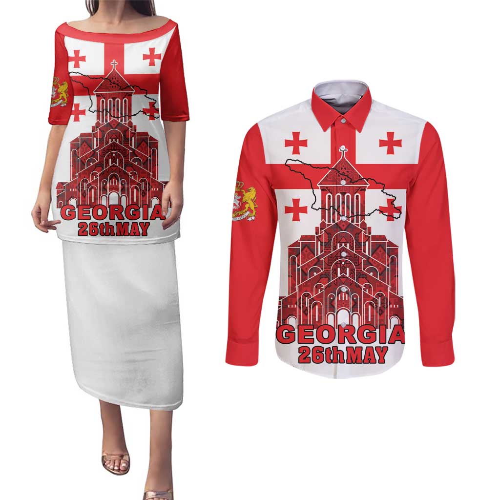 Georgia Independence Day Couples Matching Puletasi and Long Sleeve Button Shirt Sameba Dzala Ertobashia