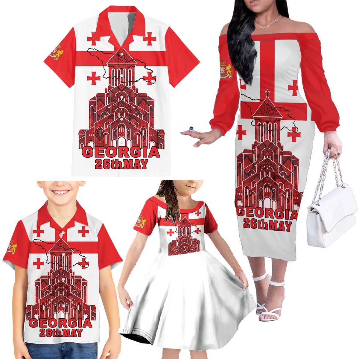 Georgia Independence Day Family Matching Off The Shoulder Long Sleeve Dress and Hawaiian Shirt Sameba Dzala Ertobashia