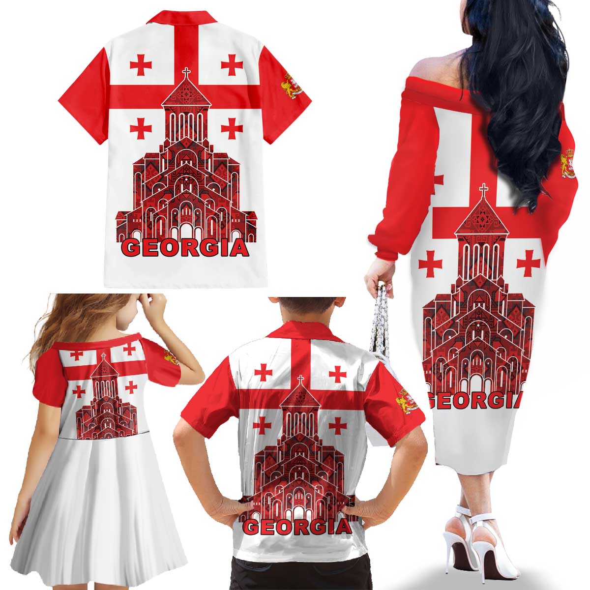 Georgia Independence Day Family Matching Off The Shoulder Long Sleeve Dress and Hawaiian Shirt Sameba Dzala Ertobashia
