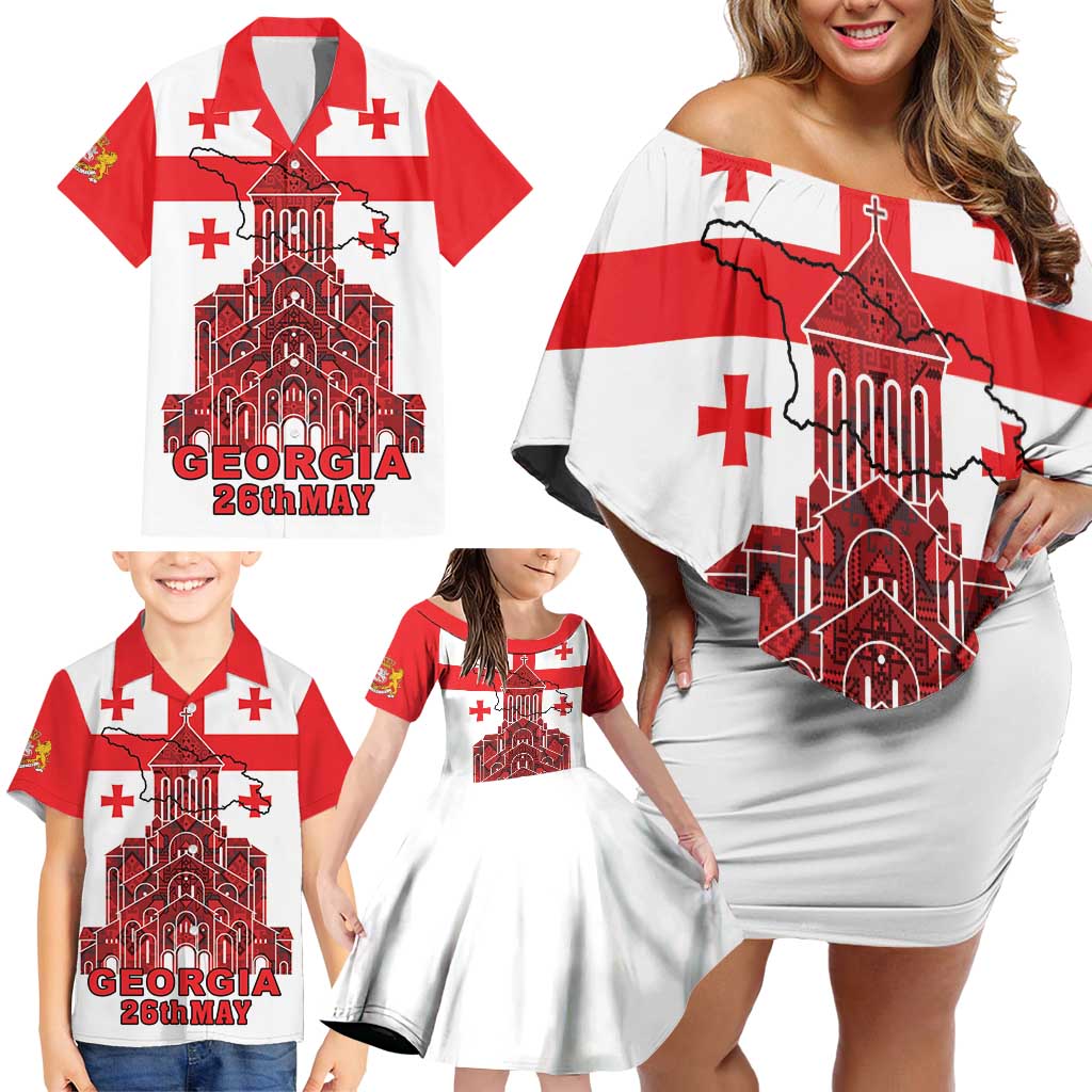 Georgia Independence Day Family Matching Off Shoulder Short Dress and Hawaiian Shirt Sameba Dzala Ertobashia