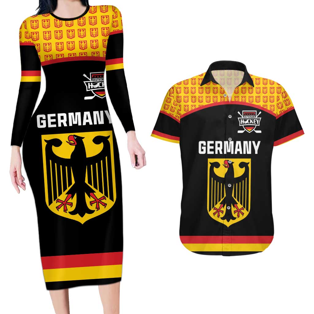 Custom Germany Hockey Couples Matching Long Sleeve Bodycon Dress and Hawaiian Shirt Trager der Adler Flag Style