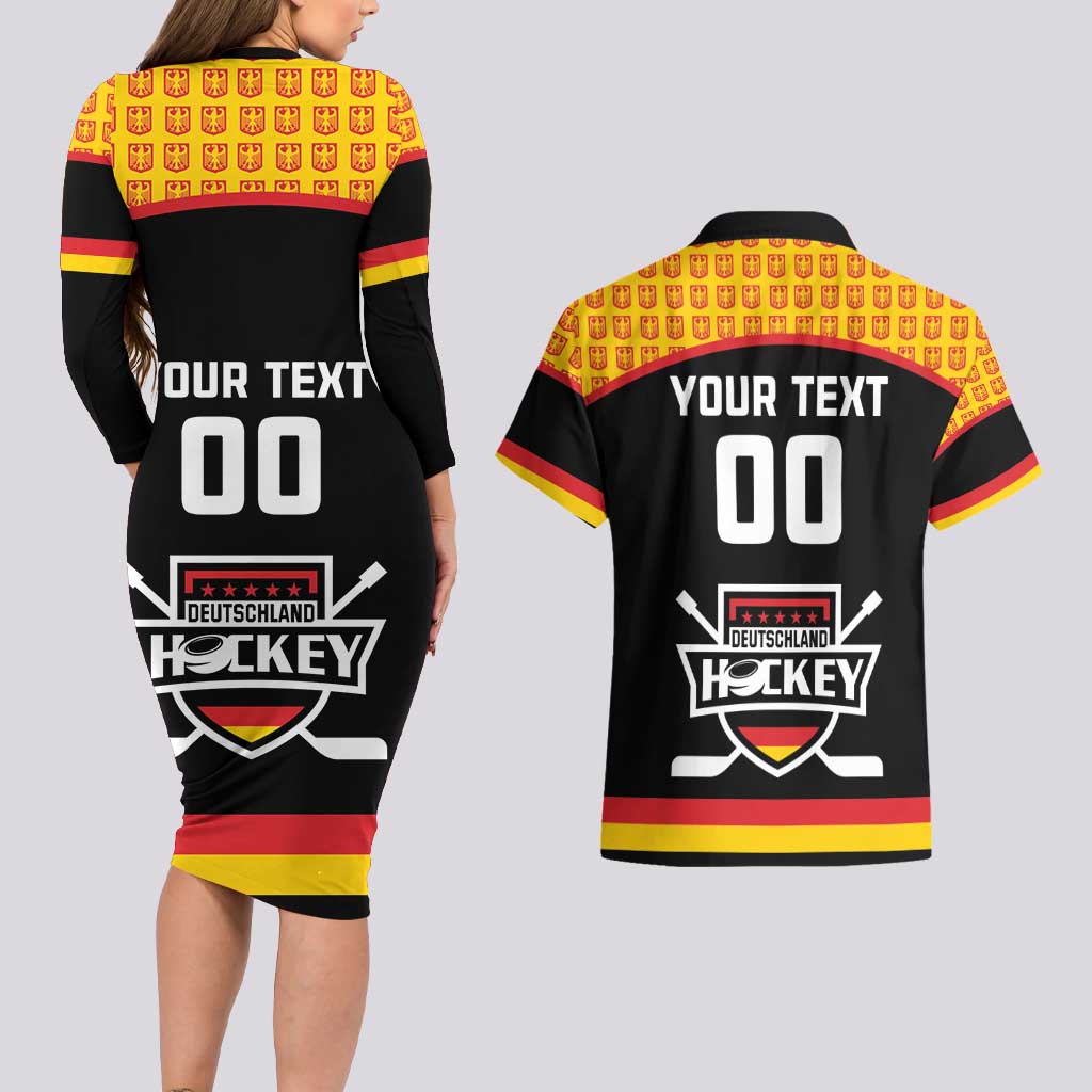 Custom Germany Hockey Couples Matching Long Sleeve Bodycon Dress and Hawaiian Shirt Trager der Adler Flag Style