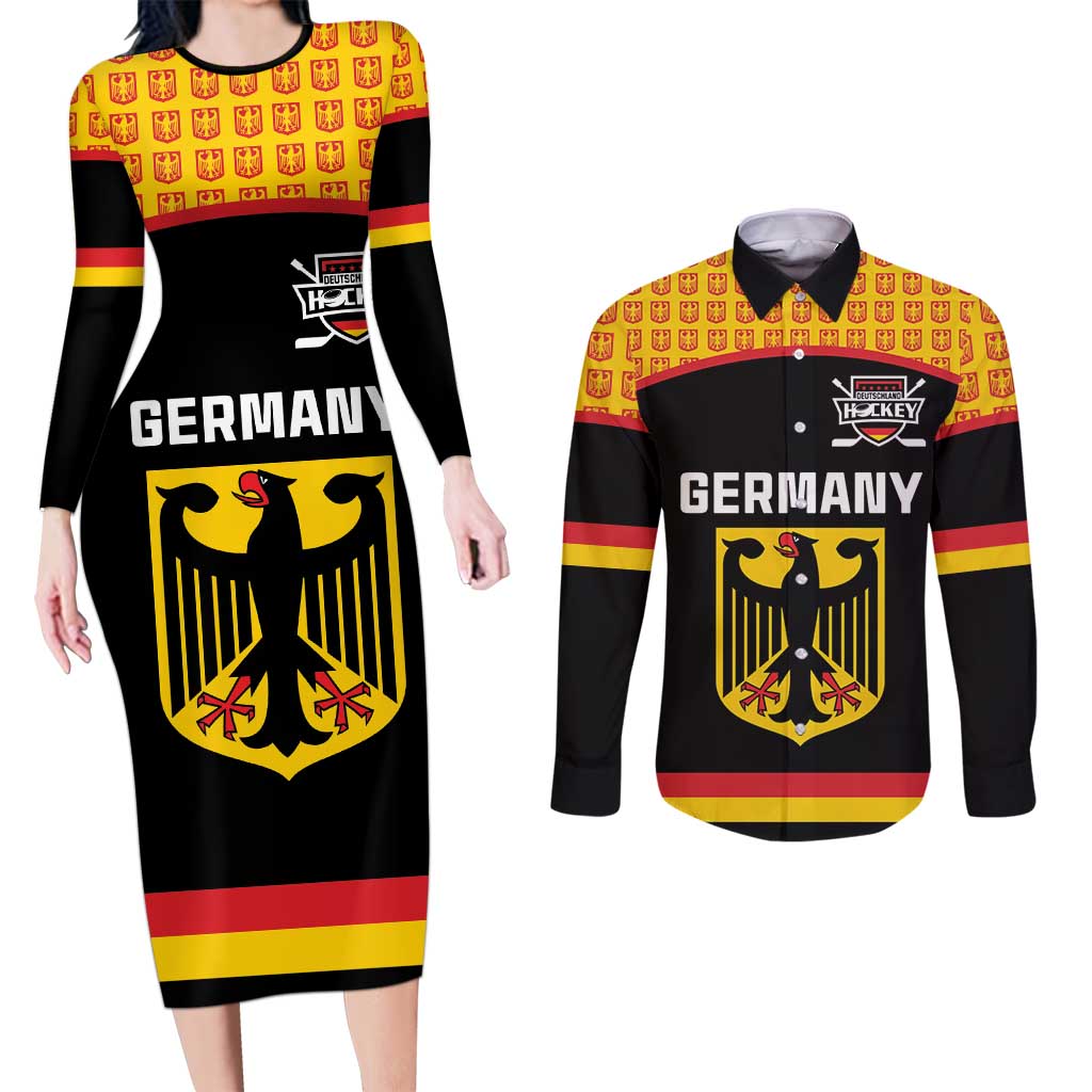 Custom Germany Hockey Couples Matching Long Sleeve Bodycon Dress and Long Sleeve Button Shirt Trager der Adler Flag Style