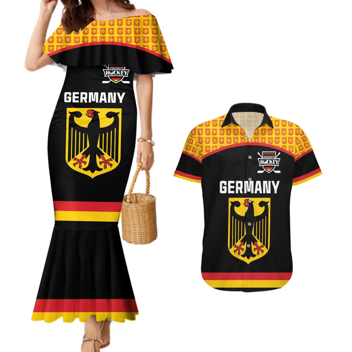 Custom Germany Hockey Couples Matching Mermaid Dress and Hawaiian Shirt Trager der Adler Flag Style