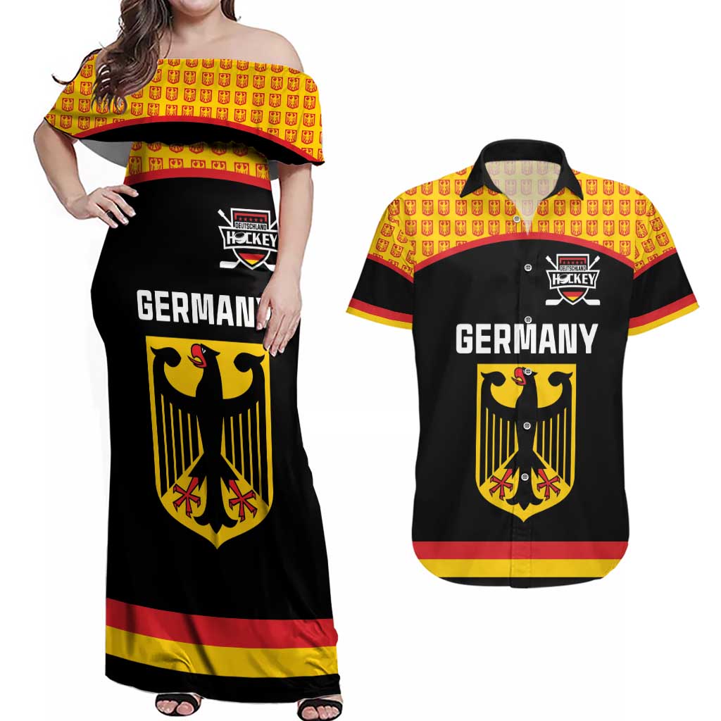 Custom Germany Hockey Couples Matching Off Shoulder Maxi Dress and Hawaiian Shirt Trager der Adler Flag Style