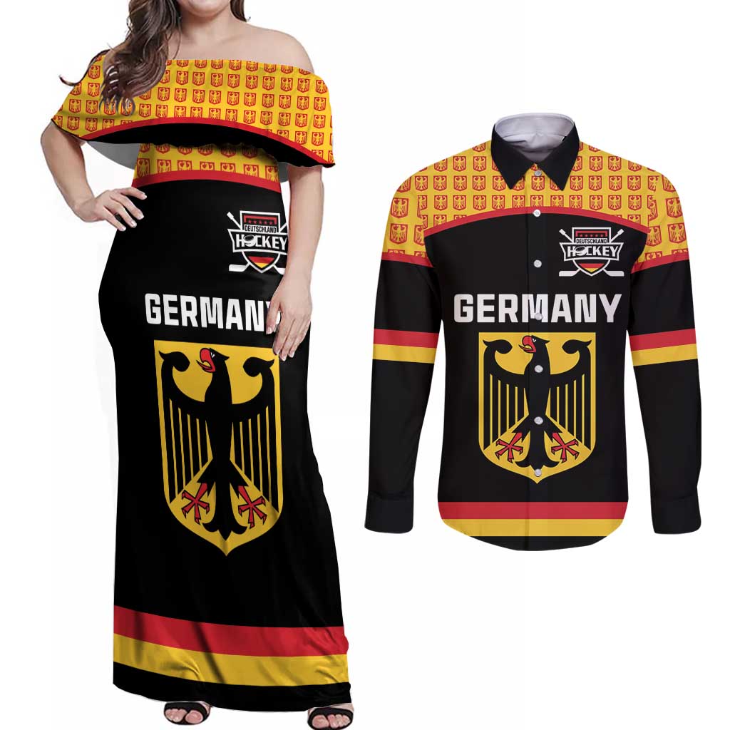 Custom Germany Hockey Couples Matching Off Shoulder Maxi Dress and Long Sleeve Button Shirt Trager der Adler Flag Style