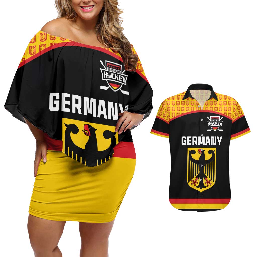 Custom Germany Hockey Couples Matching Off Shoulder Short Dress and Hawaiian Shirt Trager der Adler Flag Style