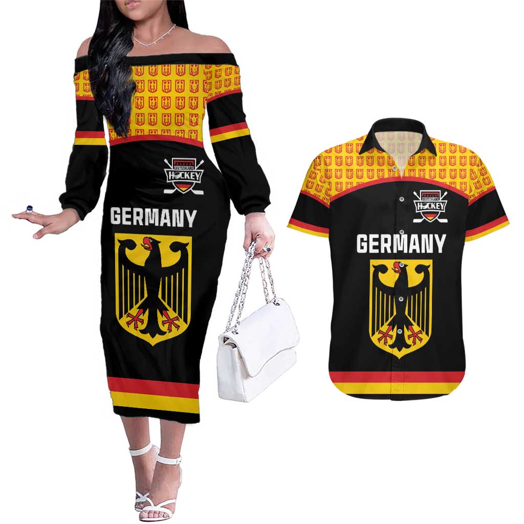 Custom Germany Hockey Couples Matching Off The Shoulder Long Sleeve Dress and Hawaiian Shirt Trager der Adler Flag Style