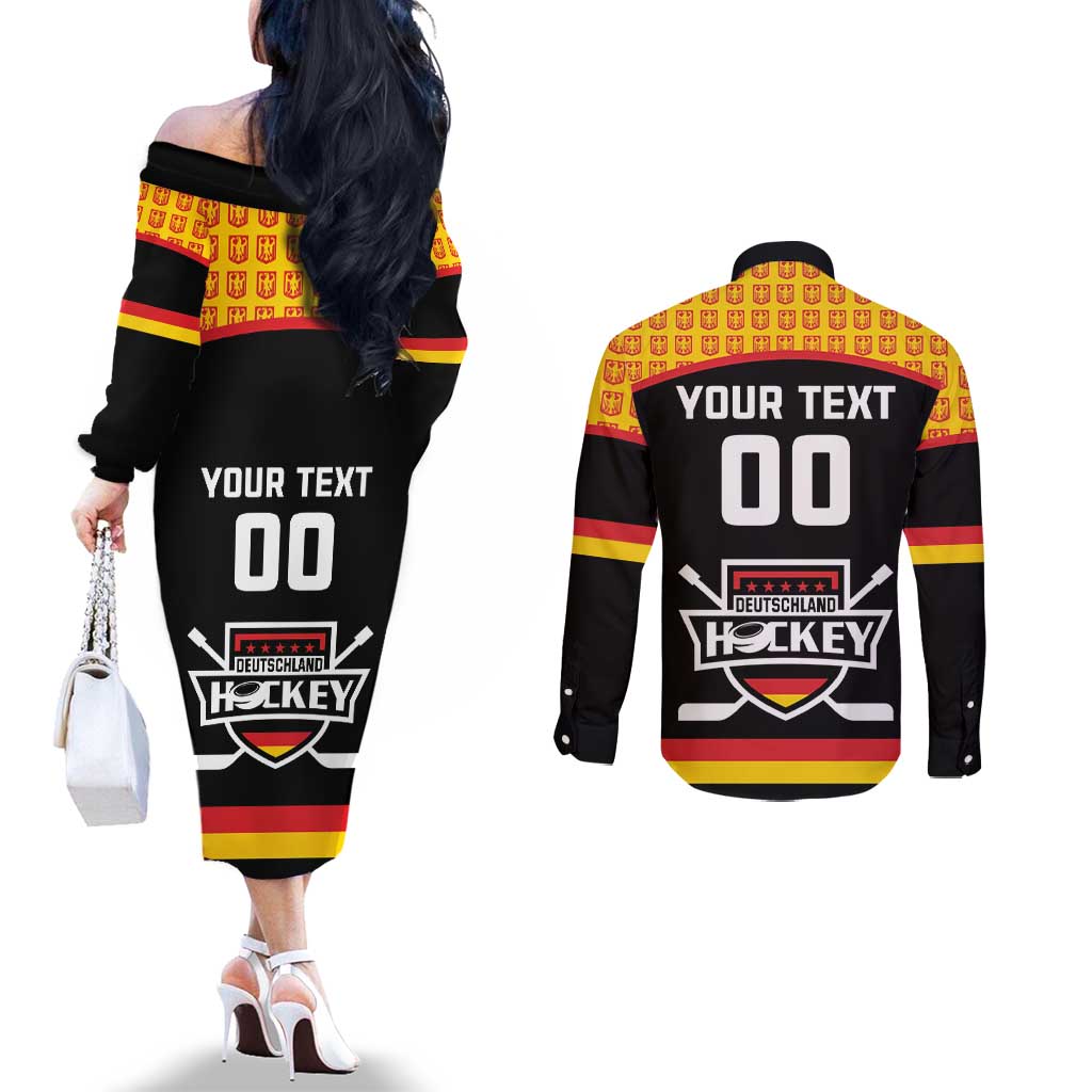 Custom Germany Hockey Couples Matching Off The Shoulder Long Sleeve Dress and Long Sleeve Button Shirt Trager der Adler Flag Style