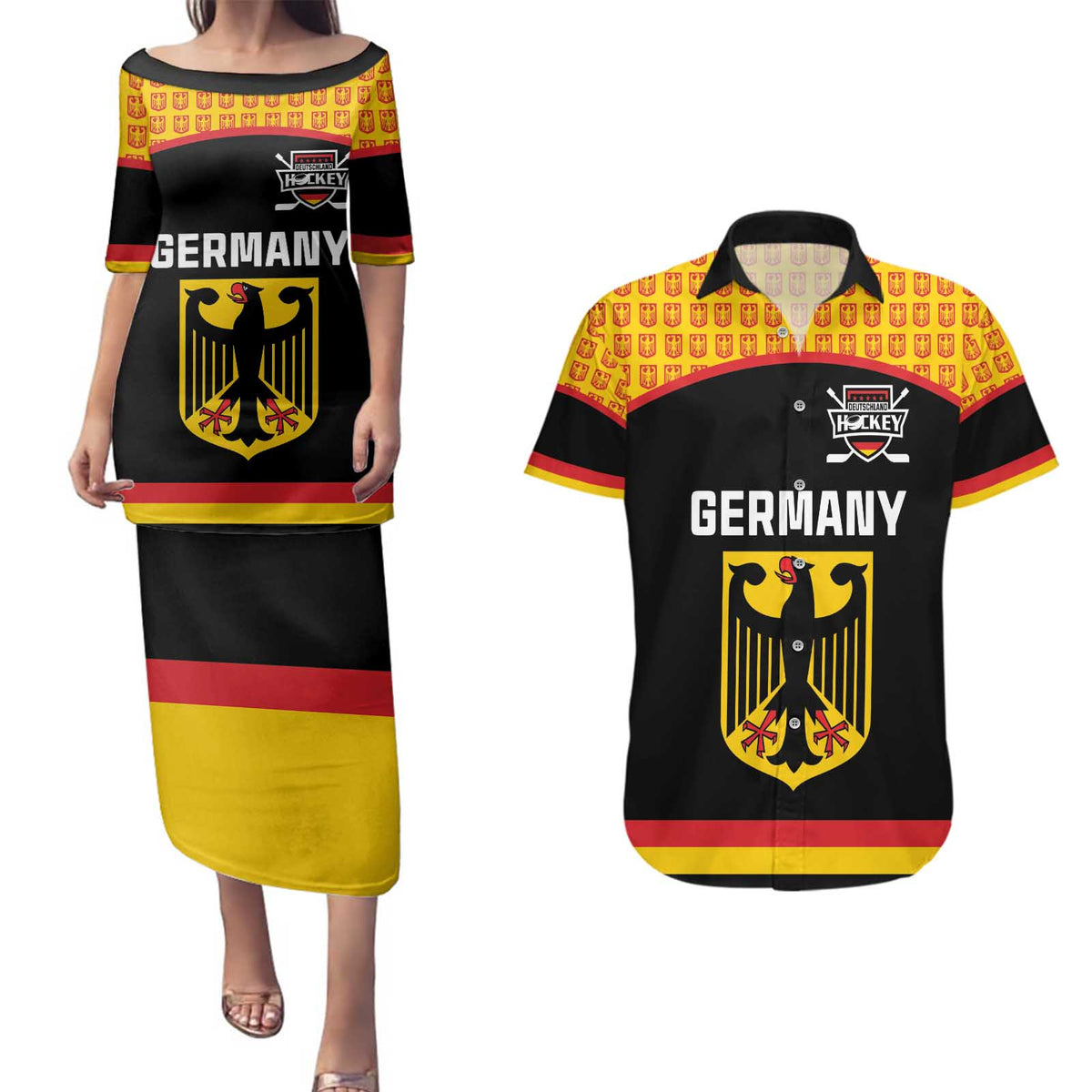 Custom Germany Hockey Couples Matching Puletasi and Hawaiian Shirt Trager der Adler Flag Style