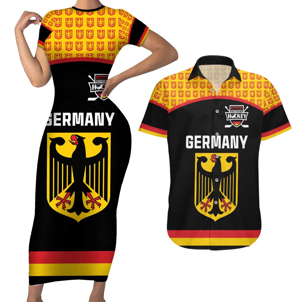 Custom Germany Hockey Couples Matching Short Sleeve Bodycon Dress and Hawaiian Shirt Trager der Adler Flag Style
