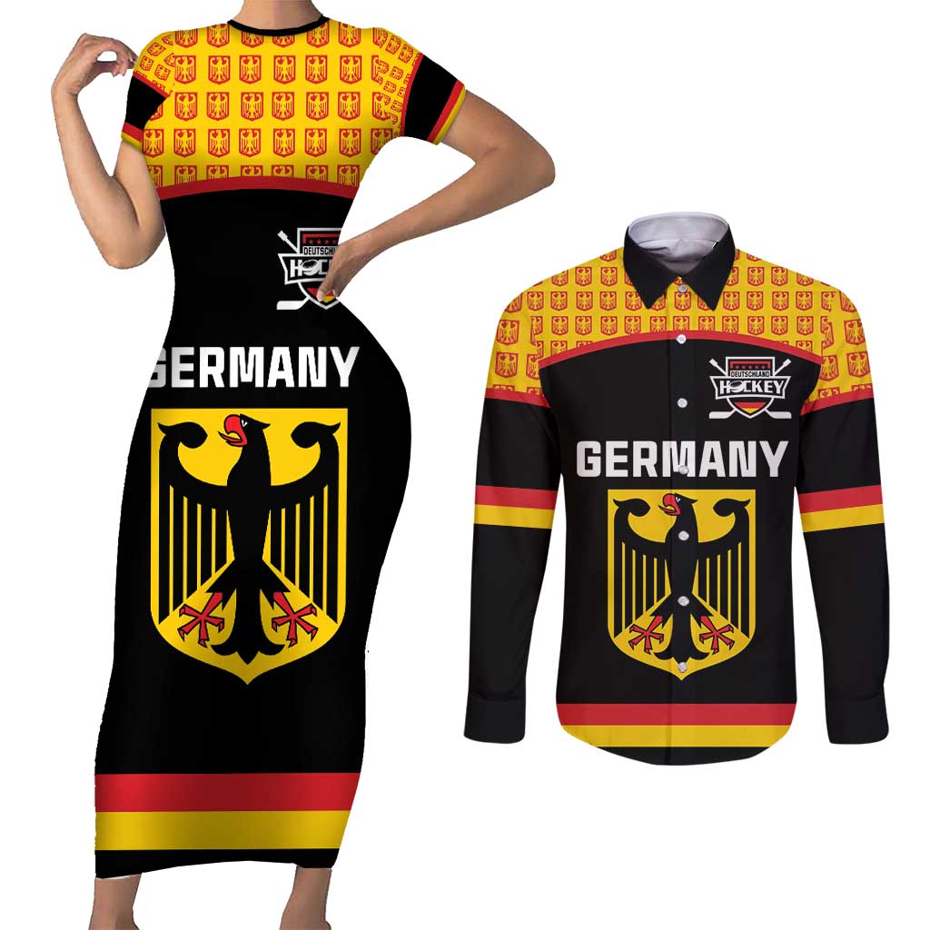 Custom Germany Hockey Couples Matching Short Sleeve Bodycon Dress and Long Sleeve Button Shirt Trager der Adler Flag Style