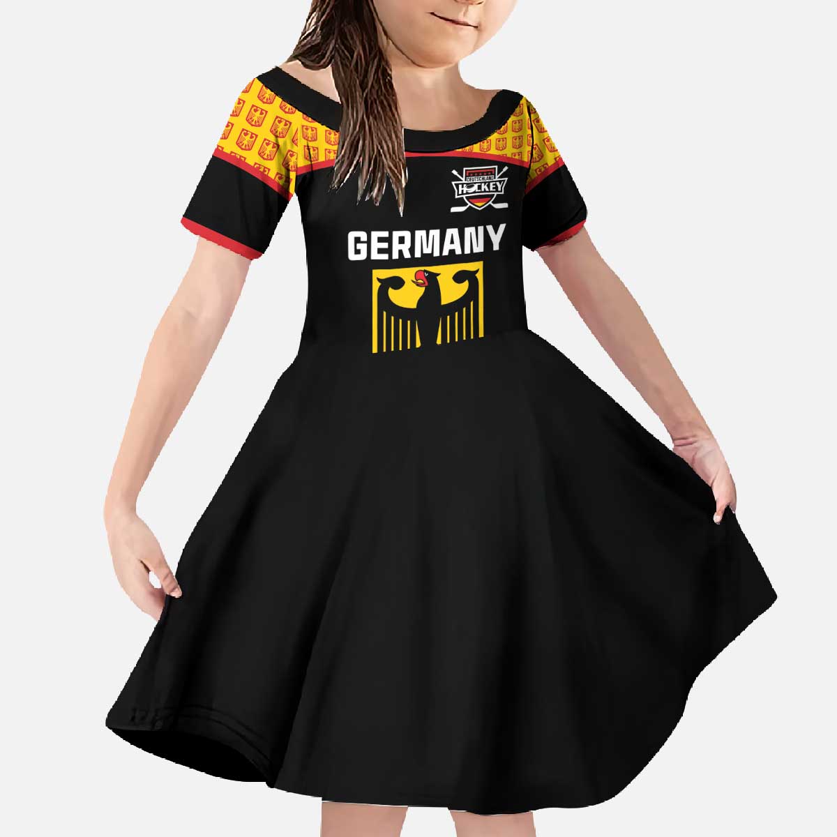 Custom Germany Hockey Family Matching Off The Shoulder Long Sleeve Dress and Hawaiian Shirt Trager der Adler Flag Style