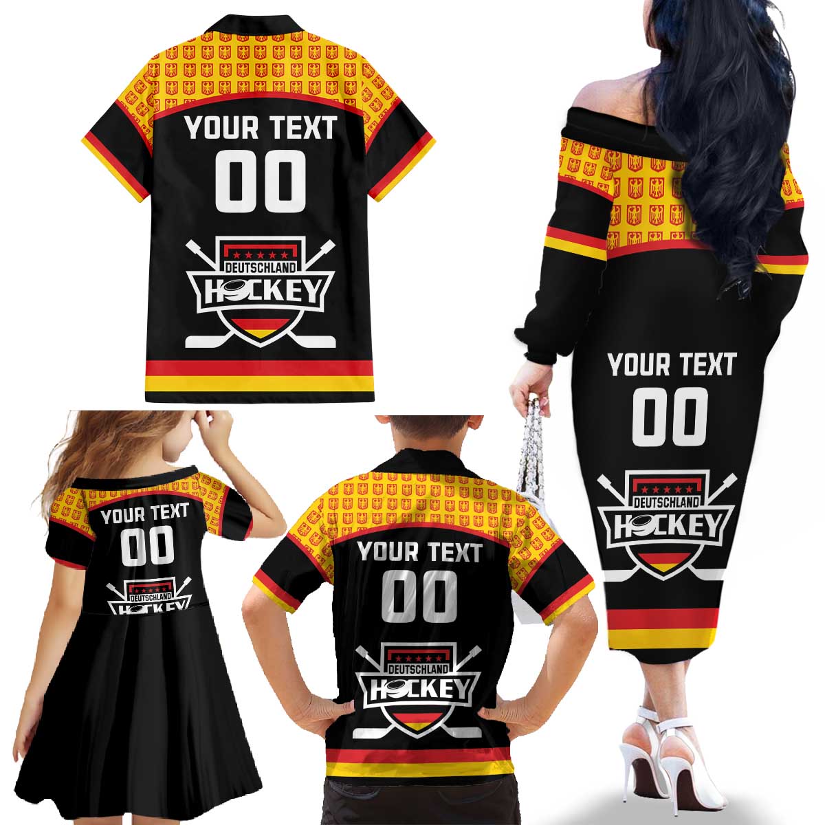 Custom Germany Hockey Family Matching Off The Shoulder Long Sleeve Dress and Hawaiian Shirt Trager der Adler Flag Style