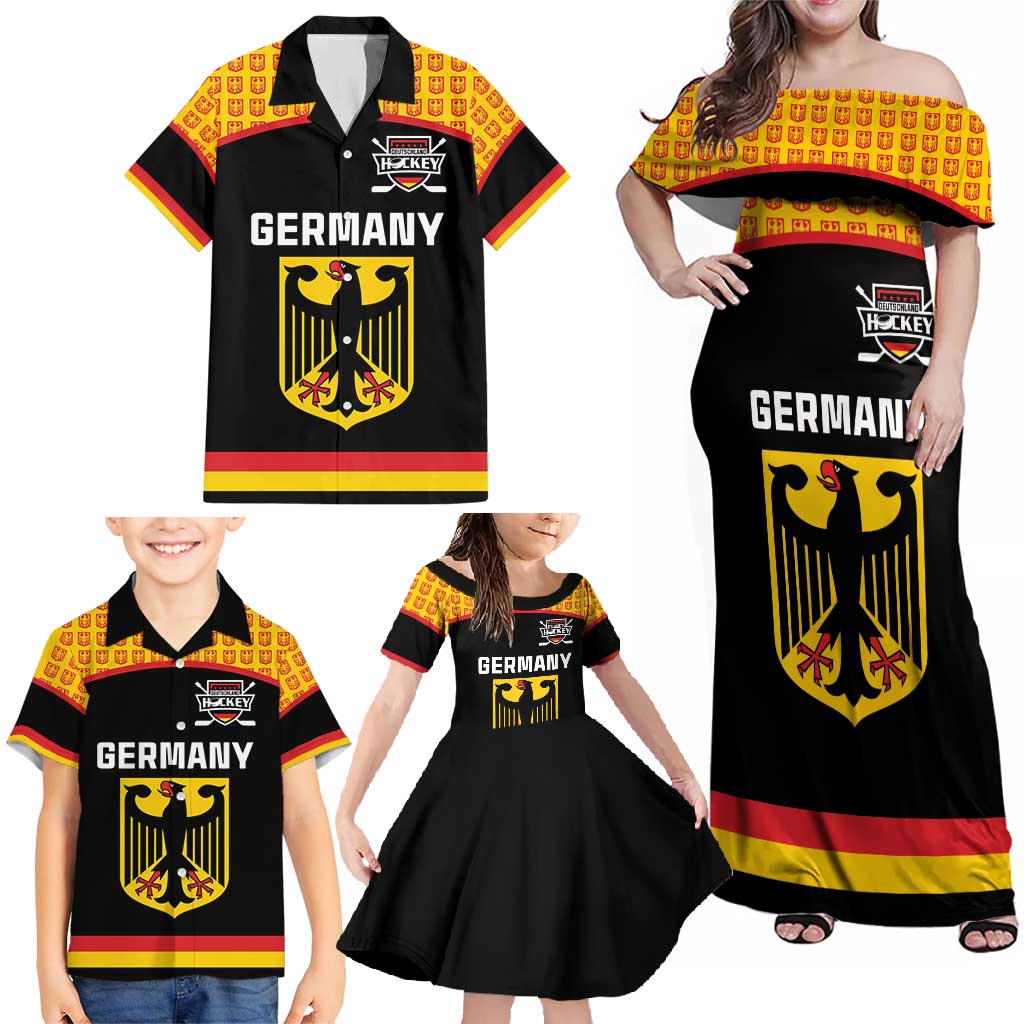 Custom Germany Hockey Family Matching Off Shoulder Maxi Dress and Hawaiian Shirt Trager der Adler Flag Style