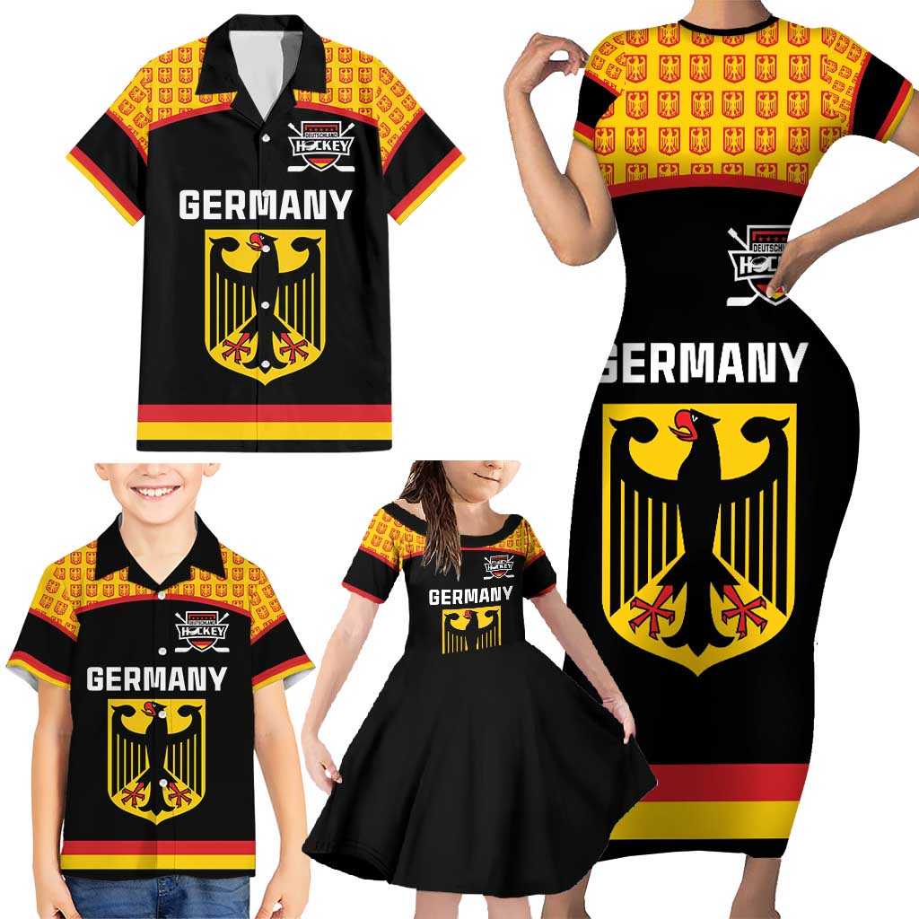Custom Germany Hockey Family Matching Short Sleeve Bodycon Dress and Hawaiian Shirt Trager der Adler Flag Style