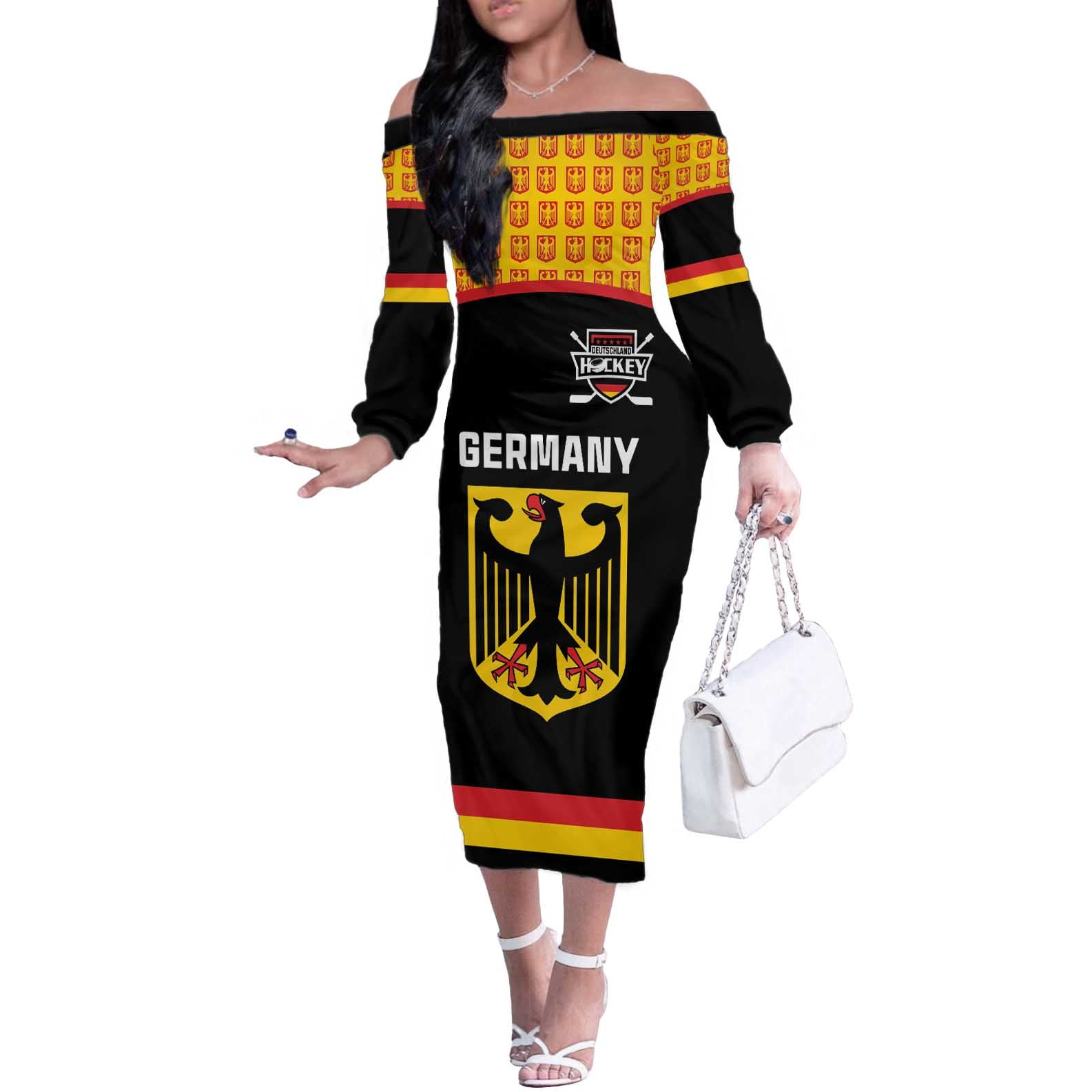 Custom Germany Hockey Off The Shoulder Long Sleeve Dress Trager der Adler Flag Style