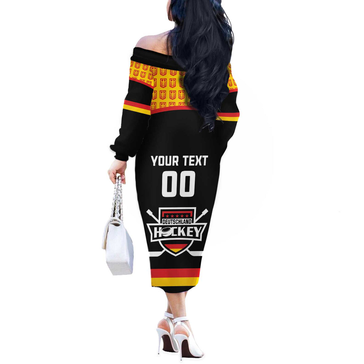 Custom Germany Hockey Off The Shoulder Long Sleeve Dress Trager der Adler Flag Style