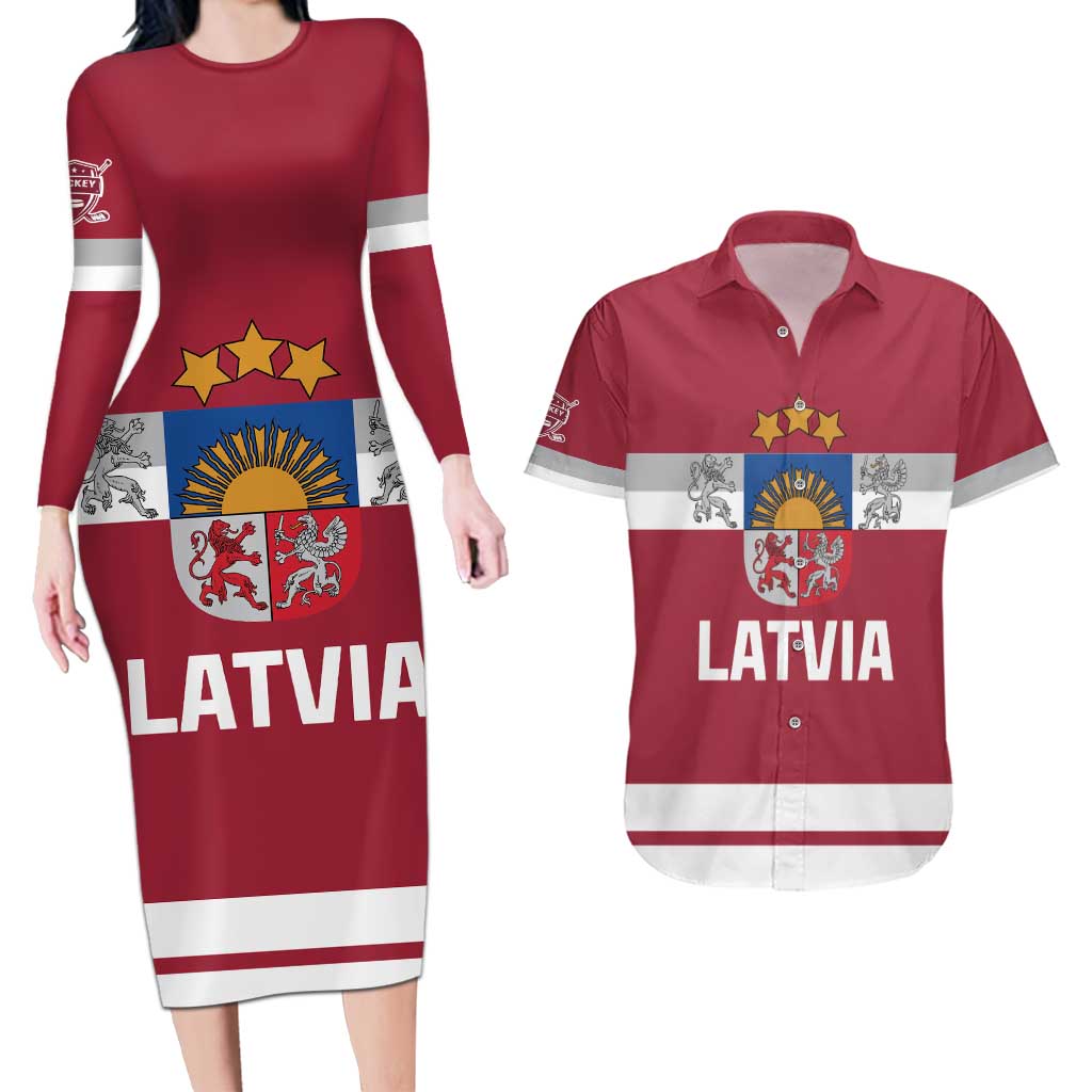 Custom Latvia Hockey Couples Matching Long Sleeve Bodycon Dress and Hawaiian Shirt Latvijas Go Champions