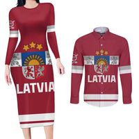 Custom Latvia Hockey Couples Matching Long Sleeve Bodycon Dress and Long Sleeve Button Shirt Latvijas Go Champions