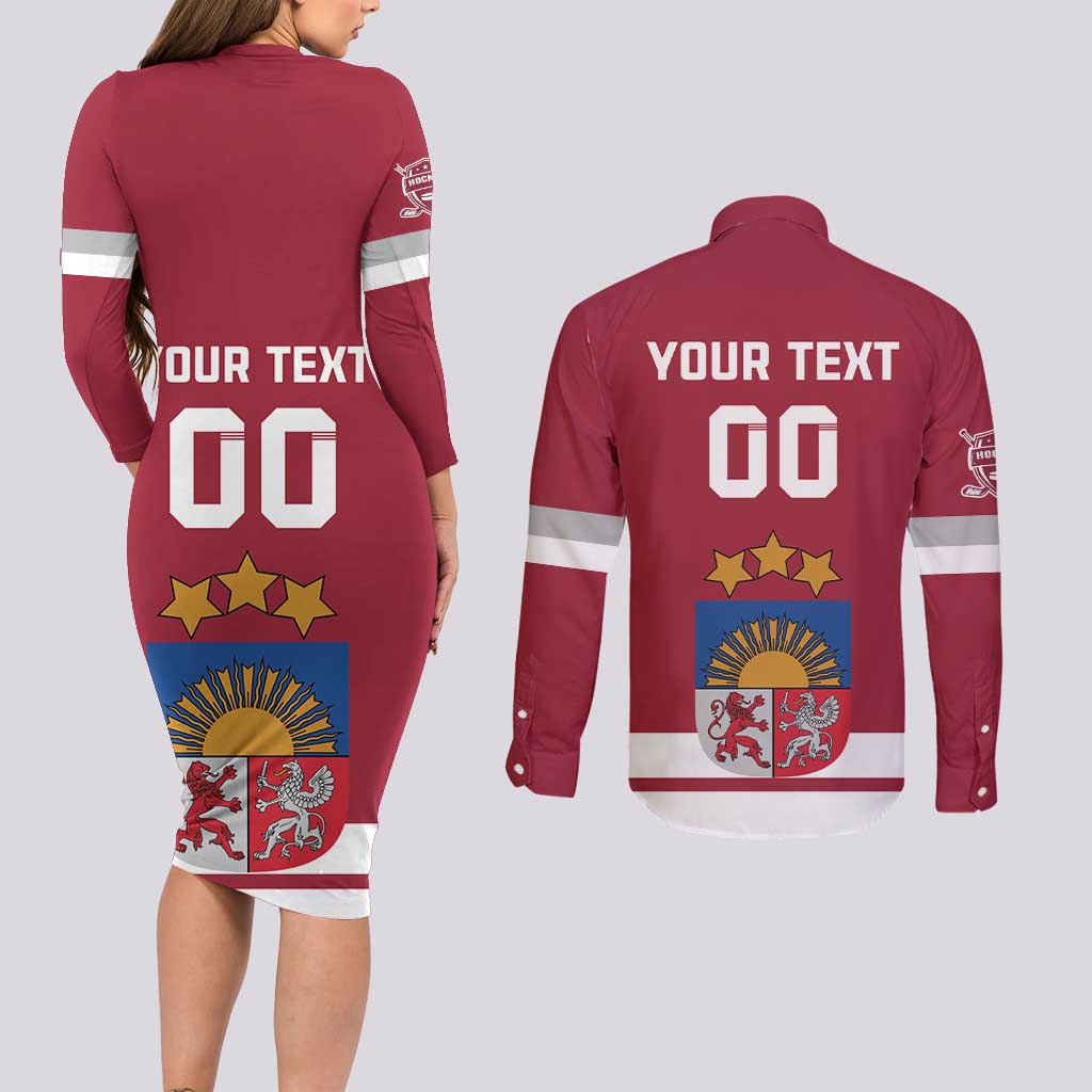 Custom Latvia Hockey Couples Matching Long Sleeve Bodycon Dress and Long Sleeve Button Shirt Latvijas Go Champions