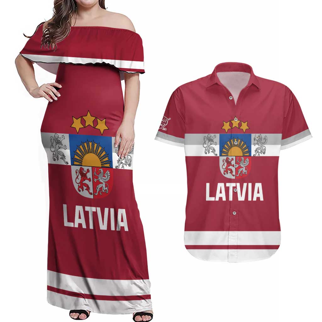Custom Latvia Hockey Couples Matching Off Shoulder Maxi Dress and Hawaiian Shirt Latvijas Go Champions