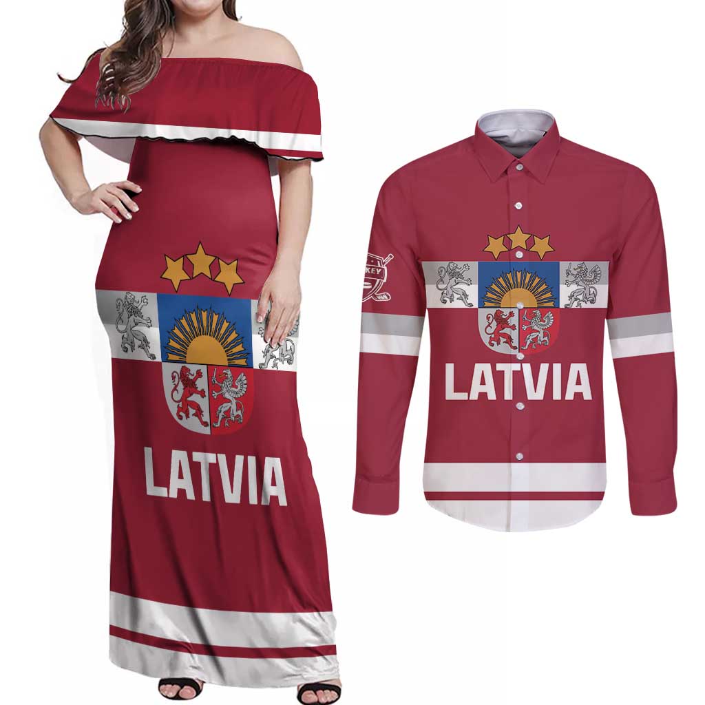 Custom Latvia Hockey Couples Matching Off Shoulder Maxi Dress and Long Sleeve Button Shirt Latvijas Go Champions