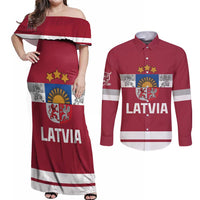 Custom Latvia Hockey Couples Matching Off Shoulder Maxi Dress and Long Sleeve Button Shirt Latvijas Go Champions