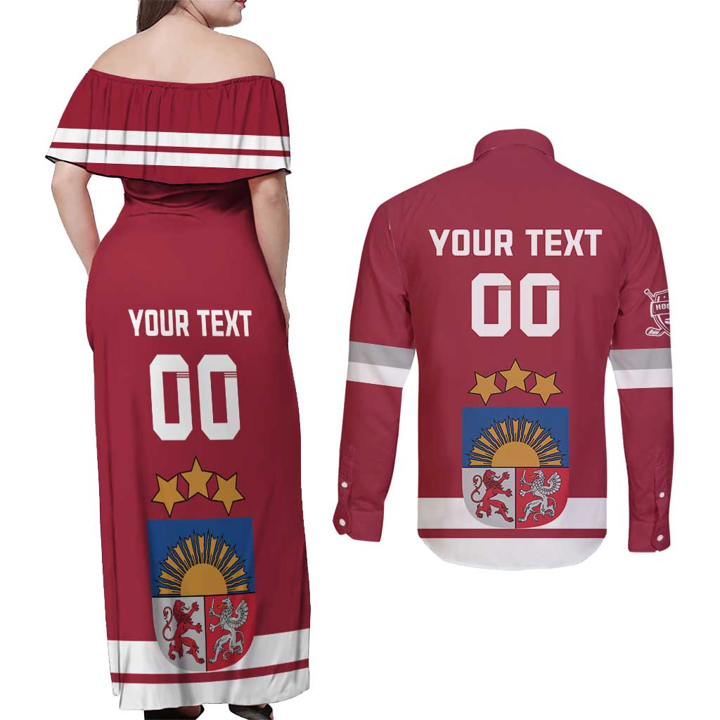 Custom Latvia Hockey Couples Matching Off Shoulder Maxi Dress and Long Sleeve Button Shirt Latvijas Go Champions