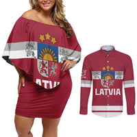 Custom Latvia Hockey Couples Matching Off Shoulder Short Dress and Long Sleeve Button Shirt Latvijas Go Champions